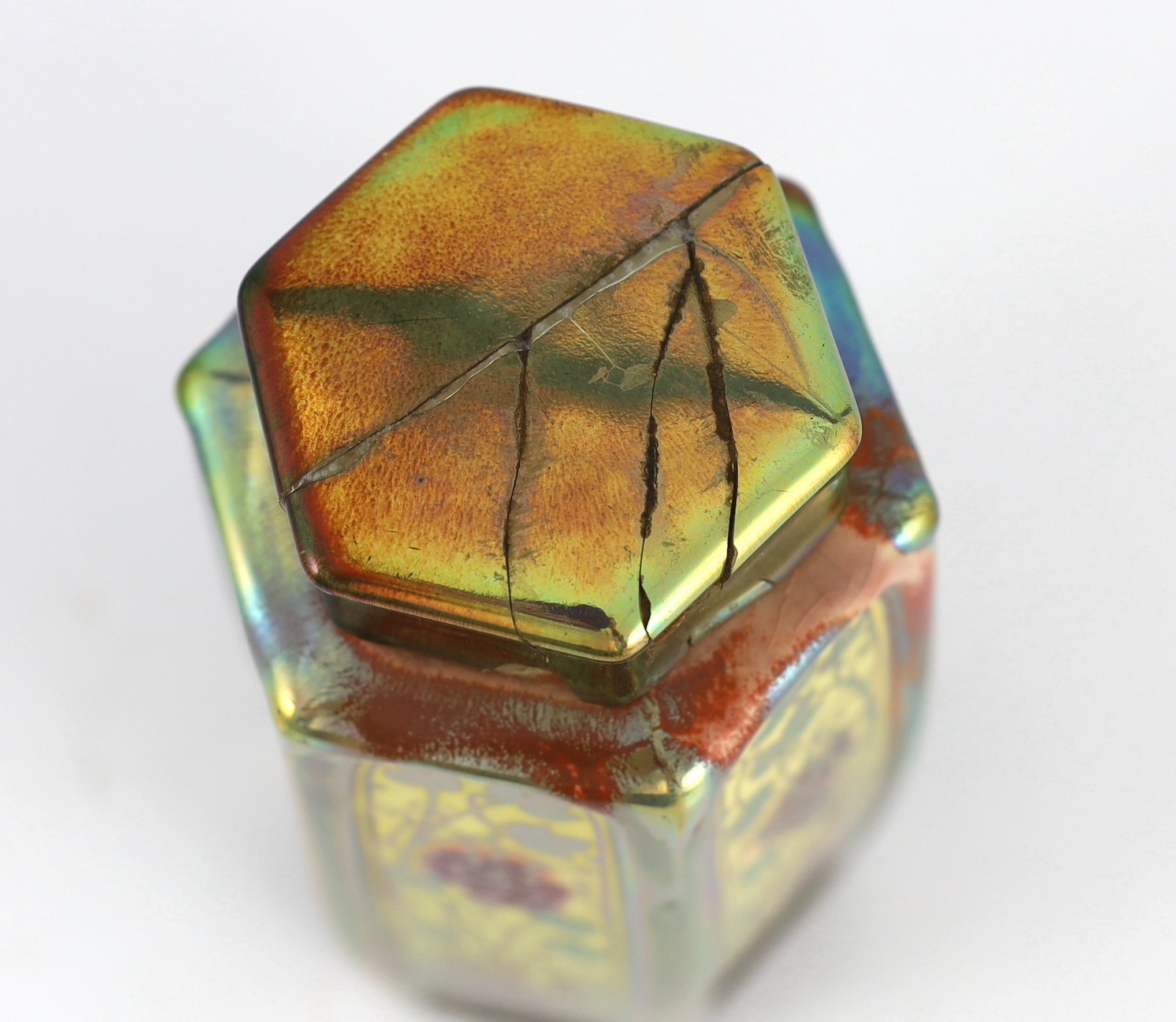 A Pilkingtons Royal Lancastrian lustre hexagonal jar and cover, by William S. Mycock